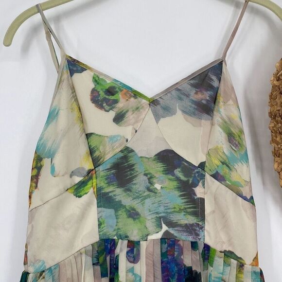JACK Monique Floral Spaghetti Strap Pleated Slip Dress Cream Purple Green Small - Picture 4 of 16